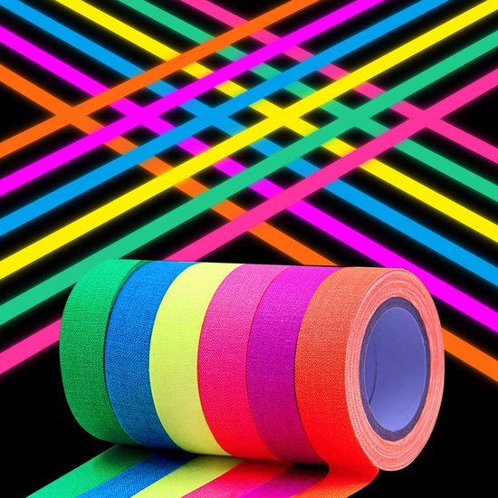 6 Stück Fluoreszierendes Textilband, Leuchtbänder (im Dunkeln Leuchtend), Schwarzlicht Klebeband, Neon Gaffer Textilband, Leucht Partyartikel Für