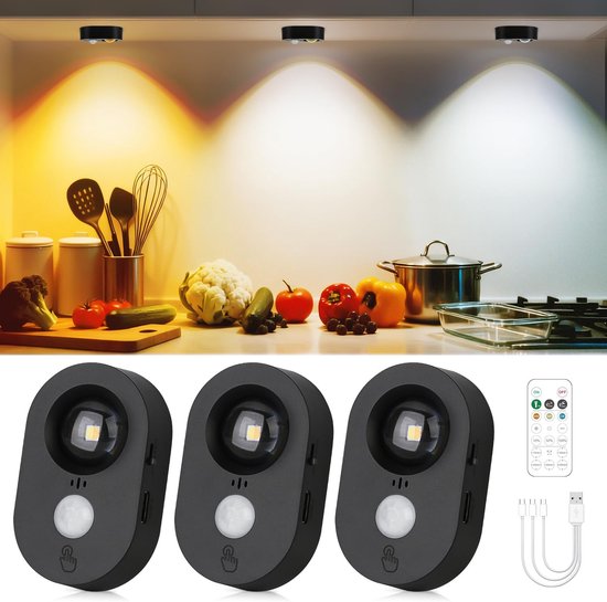 3 Stück Led Puck Leuchten Mit Bewegungsmelder Wiederaufladbar, Dimmbar, Selbstklebend, Warmweiß, Schwarz