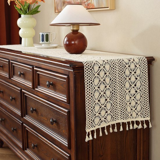 Cremefarbener, Beigefarbener Tischläufer Im Boho Stil, Handgewebt Aus Baumwolle, Rustikaler Landhausstil, Pflegeleicht, Für Esstisch, Couchtisch