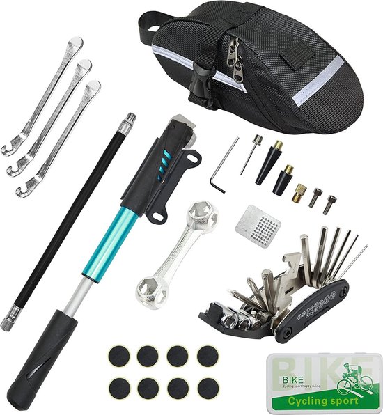 Fahrradreparaturset, Fahrradreifen Reparaturset Mit 16 In 1 Werkzeugen, 120 Psi Mini Fahrradpumpe, Für Mountainbikes Und Rennräder Blau 20,5 Cm
