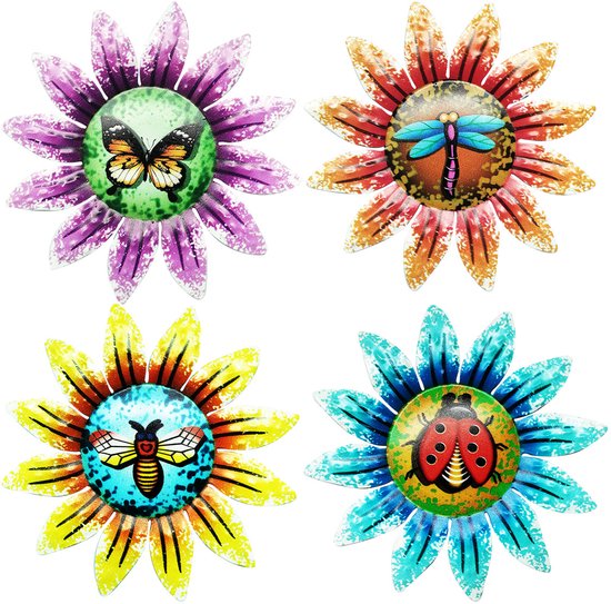 4 Teiliges Set Aus Sonnenblumen Gartenornamenten Aus Metall Für Den Außenbereich, Farbenfrohe 3d Wanddekorationen Mit Libellen Und Marienkäfermot