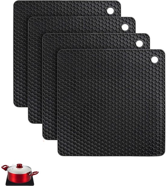 4 Teiliges Set Hitzebeständiger Silikon Topfschoner Quadratisch Rutschfest Schwarz Für Töpfe, Pfannen, Schüsseln Und Den Küchengebrauch