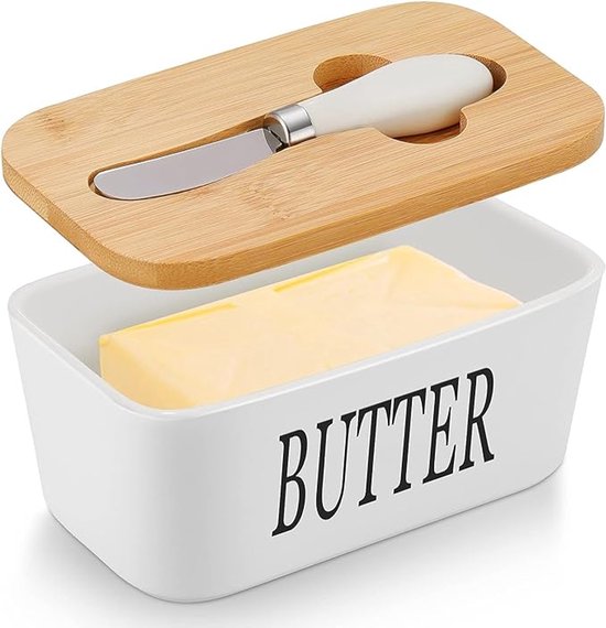 Butterdose Mit Buttermesser 600 Ml Butterdose Aus Keramik Und Bambus Aufbewahrungsbehälter Butterdose Mit Deckel Mit Silikondichtungsring Weiß