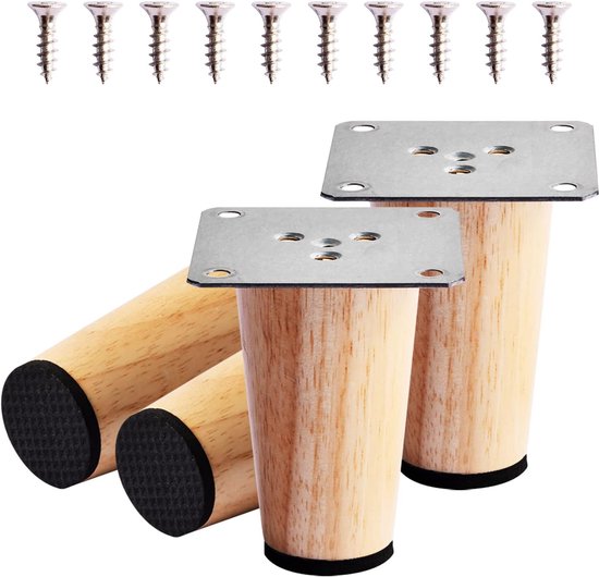 Vier 8 Cm Lange Möbelbeine Aus Holz, Ersatzbeine Für Massivholzbänke, Inklusive Montageplatte, Schrauben Und Antirutschpads. Gerade Beine Für Ses