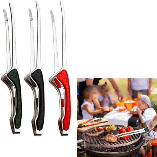 3 Teiliges Grillzangen Set Aus Edelstahl Rutschfeste Griffe Speisezange Kochzange 24 X 1,7 Cm Zum Grillen, Salatkochen Und Für Picknicks Schwarz,