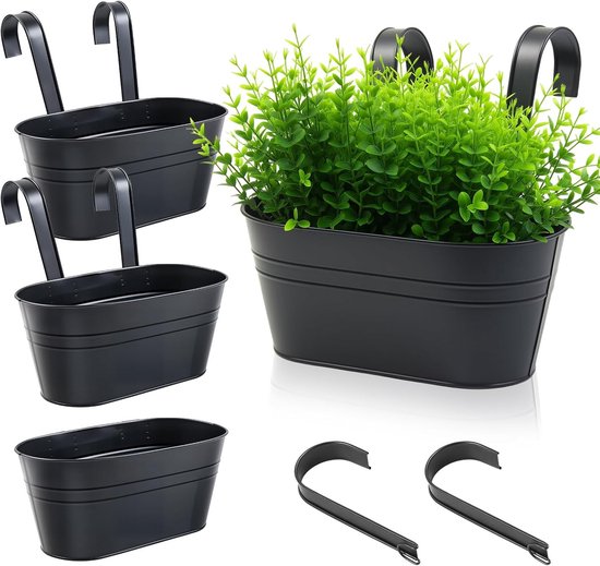 4er Set Hängende Metallblumentöpfe, Schwarze Blumentöpfe Zum Aufhängen, Hängeblumenkübel Mit Abnehmbarem Haken Für Balkon, Zaun Und Garten