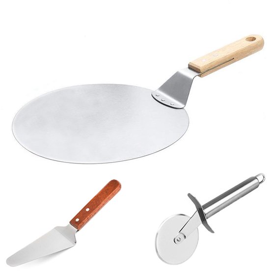 3 Teiliges Backbesteck Set Runde Pizzaschaufel Aus Metall Großes Pizzabrett Mit Holzgriff Pizzarad Aus Edelstahl Dreieckige Schaufel Mit Holzgrif