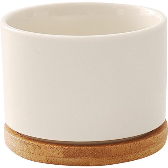 4 Teiliges Keramik Pflanzenset, Weiße Mini Sukkulententöpfe, Blumentopf Mit Bambusuntersetzer, Für Die Dekoration Von Zuhause Und Büro.