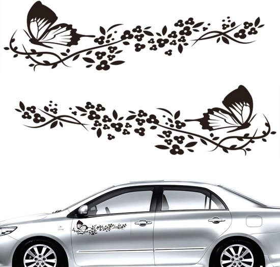 Autoaufkleber, Schmetterlinge Und Blumen, Tuning Aufkleber Für Motorhaube, Skateboards, Koffer, Wände (schwarz)