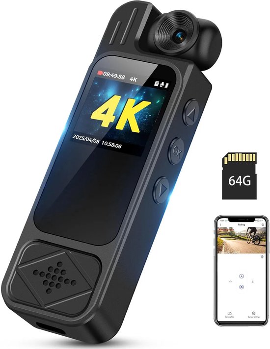 4k Wlan Körperkamera 180° Drehbares Objektiv Nachtsicht & 7 Stunden Akkulaufzeit 64 Gb