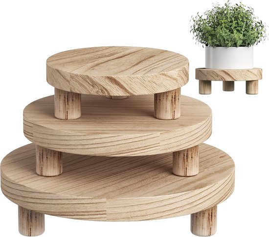 3 Teiliger Pflanzenständer Aus Holz Für Drinnen Und Draußen Runder Präsentationshocker (15/20/25 Cm) Natürlicher Blumentopffuß Dekorativer Unters