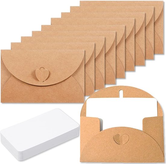 15 Kraftpapier Umschläge (10,3 X 7 Cm) Mit 15 Leeren Papierkarten (6 X 9,5 Cm) Mini Umschläge Mit Herzförmigem Verschluss Für Geschenkkarten Zum