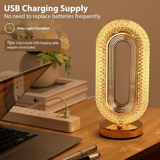 100 Stück, Tischlampe, Stufenlos Dimmbare Touch Lampe Mit 3 Farben, Wiederaufladbares Nachtlicht Mit Usb Anschluss, Moderne Ovale Kristalllampe F