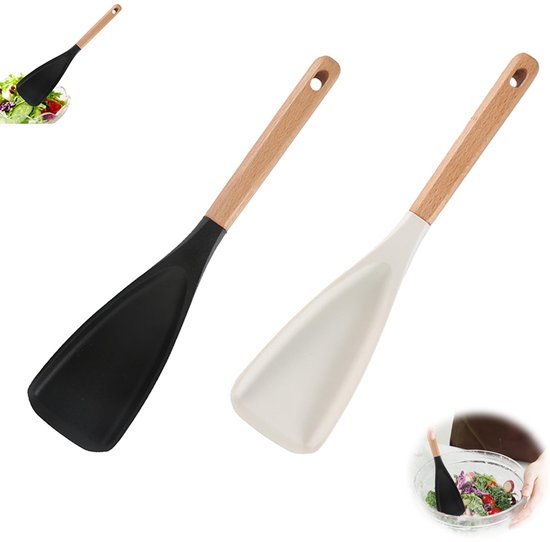 2 Teilig Silikon Salatspatel Mit Holzgriff Multifunktionslöffel Salatlöffel Mit Holzgriff Hitzebeständiger, Lebensmittelechter Silikon Kochspatel