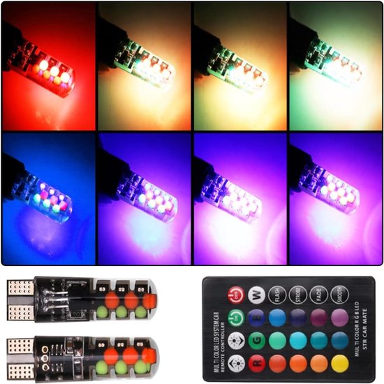 2 T10 Rgb Led Autolampen Mit Fernbedienung Multimode Blinkfunktion Cob Keillampen Für Innenraum , Kennzeichen , Tür Und Kofferraumbeleuchtung