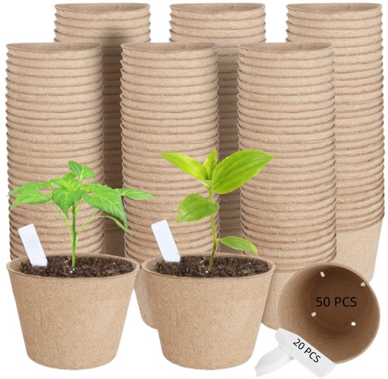 50 Stück Torftöpfe Biologisch Abbaubare Töpfe Für Setzlinge Gartensaatschalen Mit Abflusslöchern Inklusive 20 Pflanzenetiketten Für Die Anzucht V