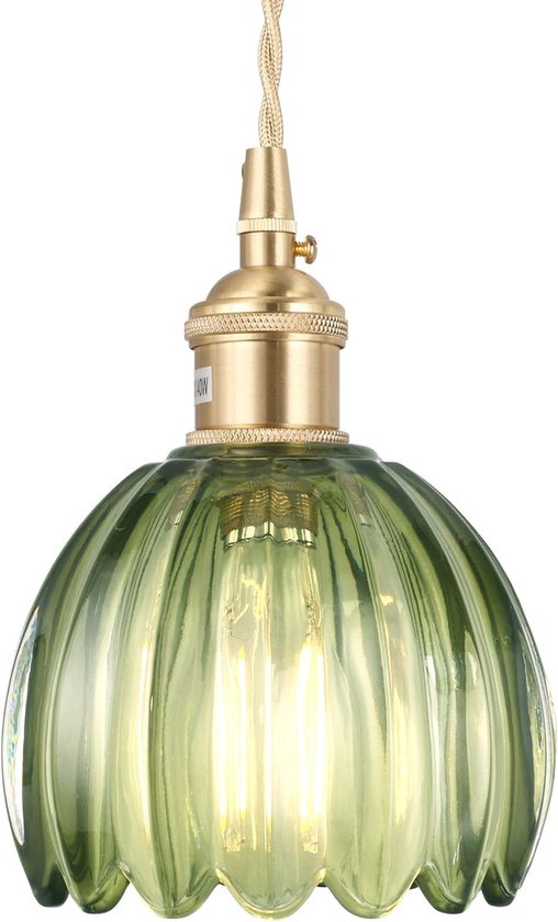 Mini Vintage Pendelleuchte Grüner, Tulpenförmiger Glasschirm Messingoptik Verstellbar Für Kücheninsel, Esszimmer Und Flur