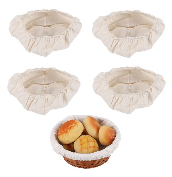 4er Pack Runde Gärkörbe 20 Cm, Stofffutter, Sauerteig Gärkörbe, Stoff, Backkorb Aus Naturrattan, Deckel Für Gehenden Teig Stofffutter, Sauerteig