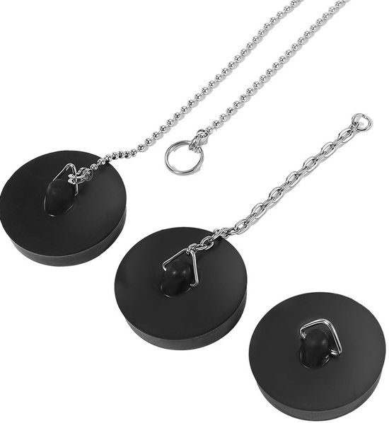 Set Aus 3 Gummi Abflussstopfen Mit Einer 40 Cm Langen Kette, Für Spülbecken, Badewannen, Küchen Und Badezimmer (45 47 Mm, Schwarz).