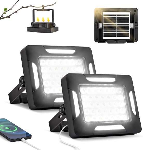 2 Stück Tragbare Led Solar Campinglampen Mit Stativ, Dimmbar 2000 Lm Solarbetriebene Arbeitsleuchten Mit Magnet Ip67 Wasserdicht 5 Beleuchtungsmo