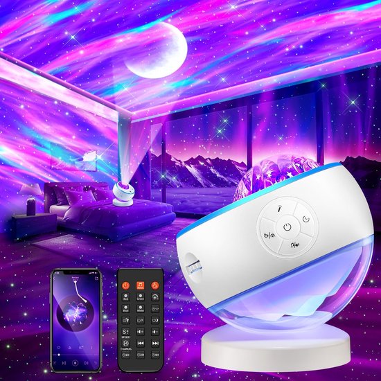 Nordlichtprojektor 16 Farben Mit 15 Rauschgeräuschen, 5 Mond Und Stern Aurora Effekten Bluetooth Und Fernbedienung + Timer