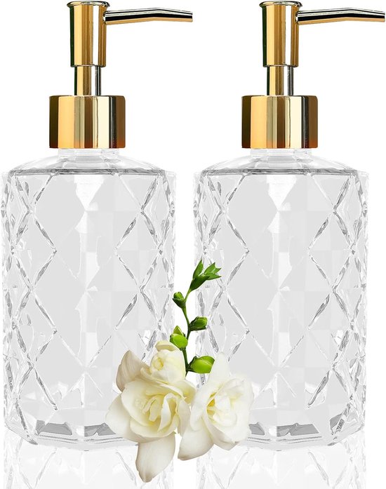 2er Set Seifenspender Aus Diamantglas 330 Ml Goldfarbene Kunststoffpumpe Transparentes, Nachfüllbares Design Für Handseife, Lotion, Spülmittel Un