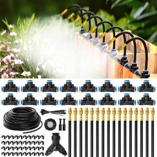 100 Fuß 1/4" Tropfbewässerungssystem Gartenbewässerungsset Mit 16 Verstellbaren Kupferdüsen Automatische Nebelbewässerung Für Außenbereiche, Hoch
