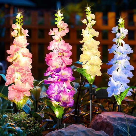 4er Pack Verbesserte Delphinium Solar Gartenleuchten 36 Leds Lebendige Blüten Wasserdicht Für Die Garten Und Terrassendekoration