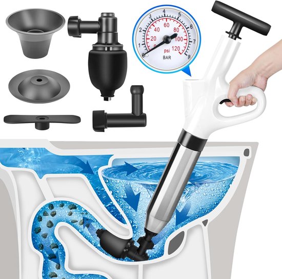 Hochdruck Rohrreiniger, Druckluft Rohrreiniger Mit Manometer Und Edelstahlaufsätzen, Leistungsstarkes Werkzeug Zum Reinigen Von Verstopften Wasch