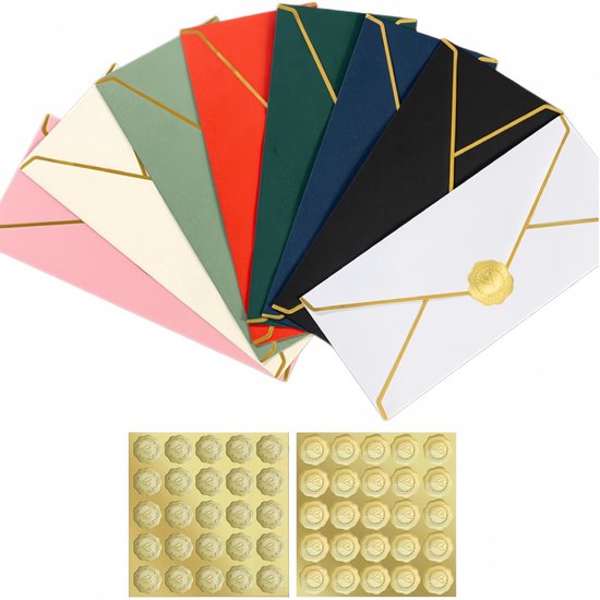 Set Mit 40 Farbenfrohen Mini Umschlägen Mit V Förmigem Klappverschluss Inklusive Verschlussaufklebern Mit Goldfolienrand Für Hochzeiten, Einladun