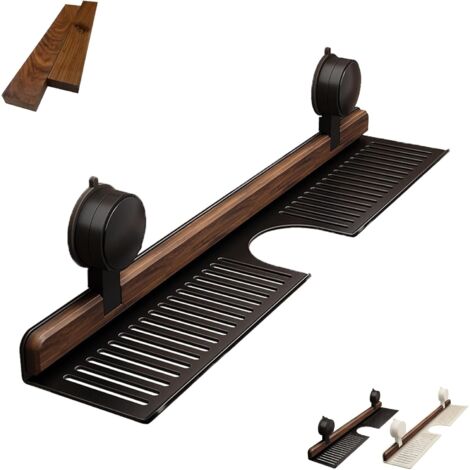 Badezimmerregal Mit Saugnapf Aus Walnussholz, Bohrfreies Ablagefach Für Waschbecken Und Wc-tisch, Duschkorb Aus Aluminium Mit Saugnapf (m Schwarz)