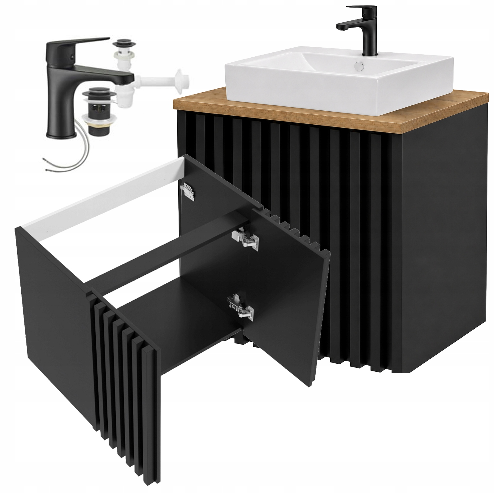 Wandhängender Badezimmerschrank Mit Waschbecken, Armatur Und Arbeitsplatte, Schwarze Lamellen, 60 Cm, Negri