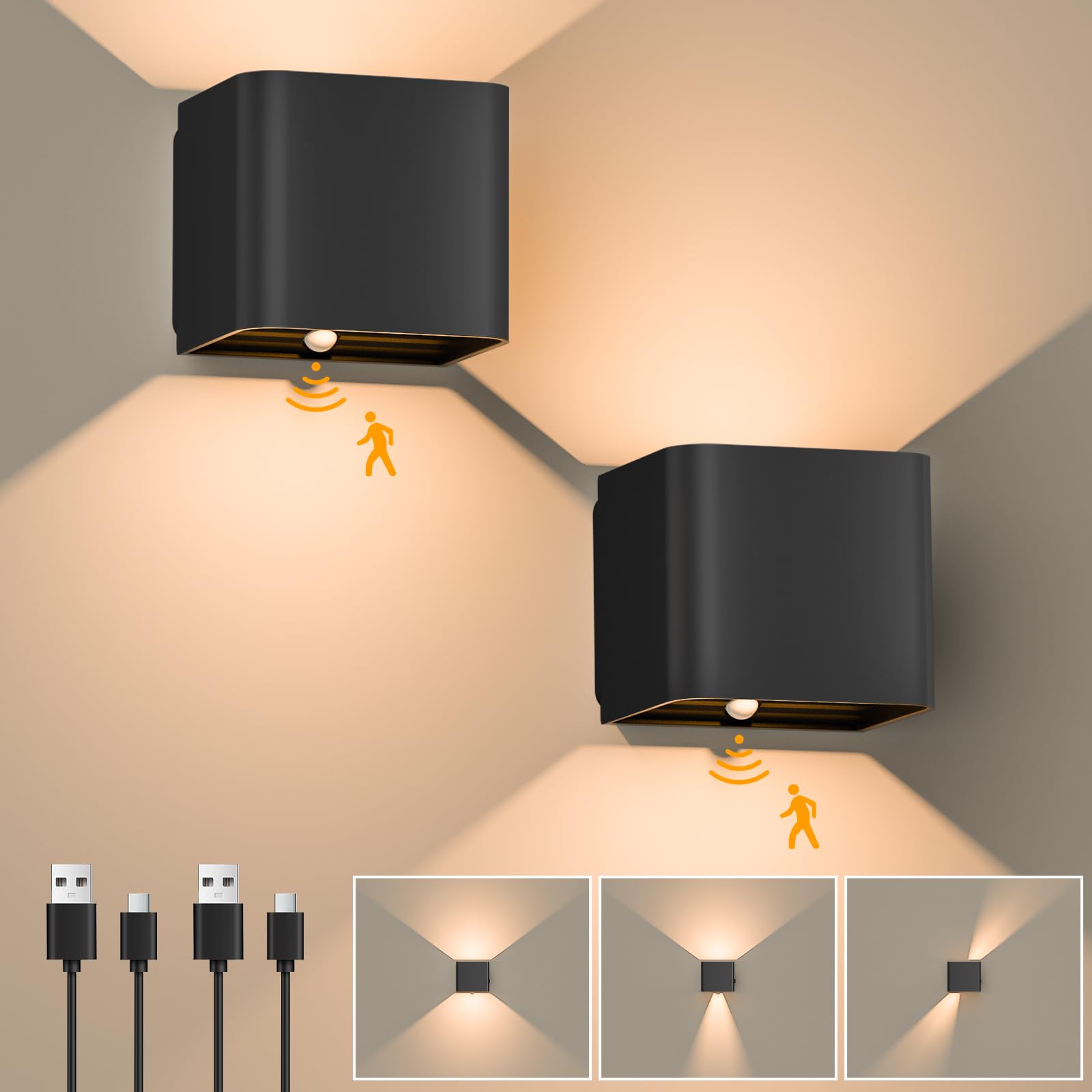 Wandleuchte Für Den Innenbereich, 2er-pack, Wandleuchte Mit Bewegungsmelder, Wiederaufladbare Led, 3000k Warmweißes Licht, Kabellos, Einstellbarer Lichtwinkel (schwarz)