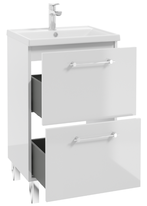 Badezimmerschrank Mit Waschbecken Und 2 Schubladen, 50 X 80 Cm, Freistehend, Weiß Hochglanz, Cassandra