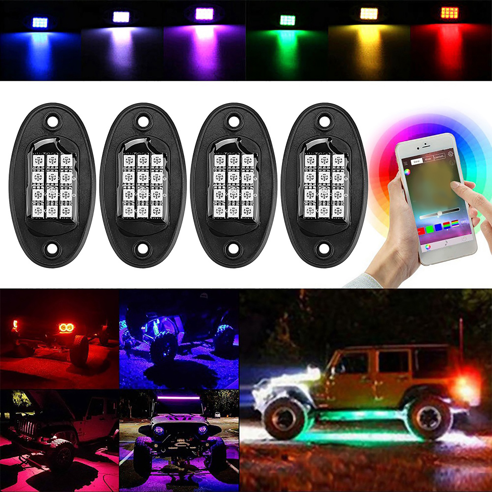 4 Rgb-led-fahrzeugchassisleuchten In Verschiedenen Farben, Kabellose Bluetooth-außenbeleuchtung, Blinkende Stehlampe Mit Fernbedienung