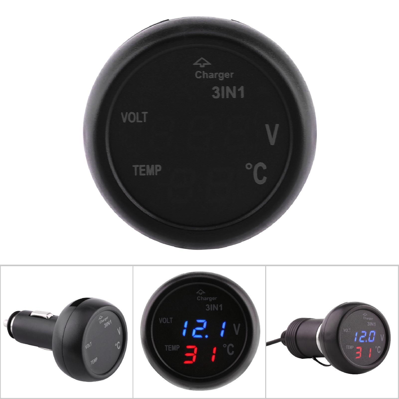 Usb-ladegerät Für Den Zigarettenanzünder Im Auto Mit Voltmeter Und Thermometer, Dualer Blau/roter Led-anzeige, 12-v-steckdose, Spannungsprüfer Und Digitalanzeige