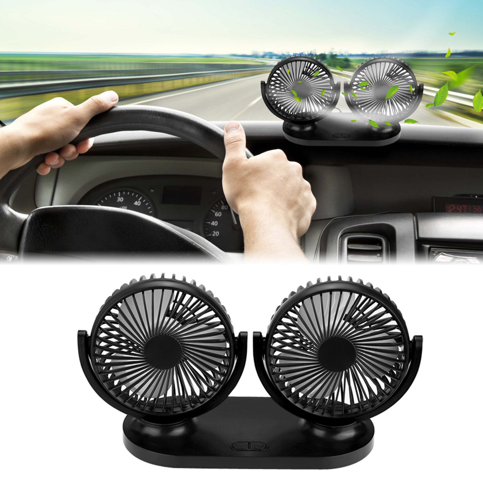 Doppelkopf-autolüfter, Tragbarer Usb-auto-klimaanlagenkühler, 12 V, Schwarz