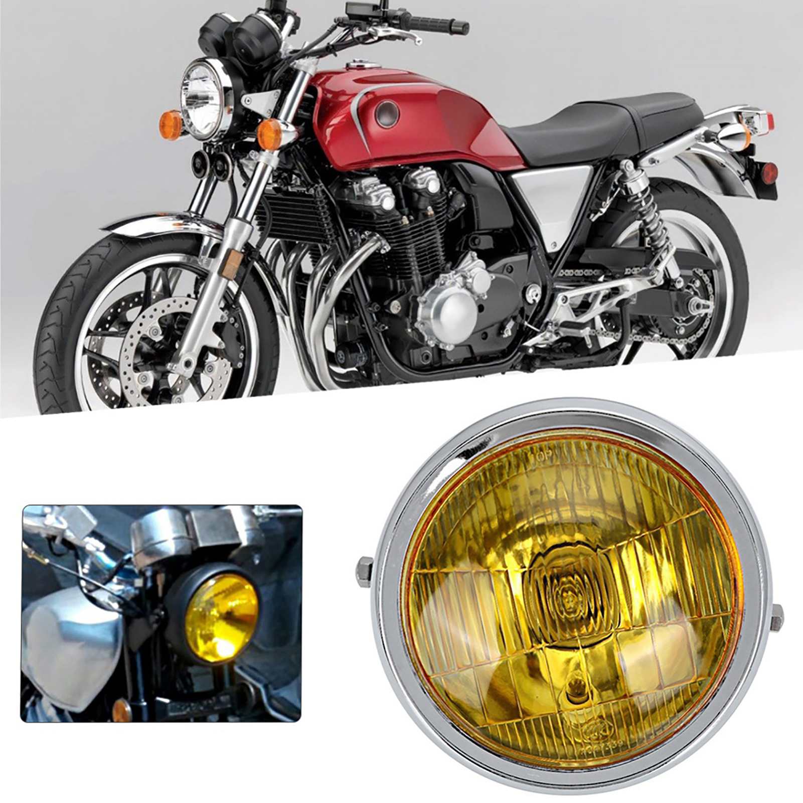 Runder, Gelber Retro-motorradscheinwerfer, Bernsteinfarbene Linse, Kompatibel Mit Cg125 Und Gn125, Elektrolytisch Verchromte Oberfläche, Modifizierter Scheinwerfer