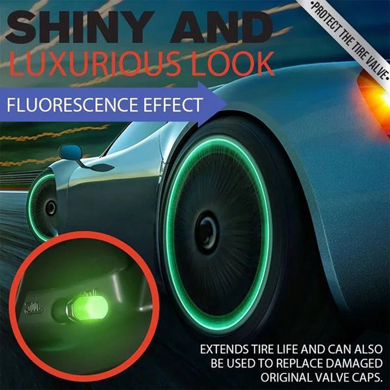 4 Fluoreszierende, Leuchtende Reifenventilkappen Aus Robustem, Wasserdichtem Gummi Für Autoräder