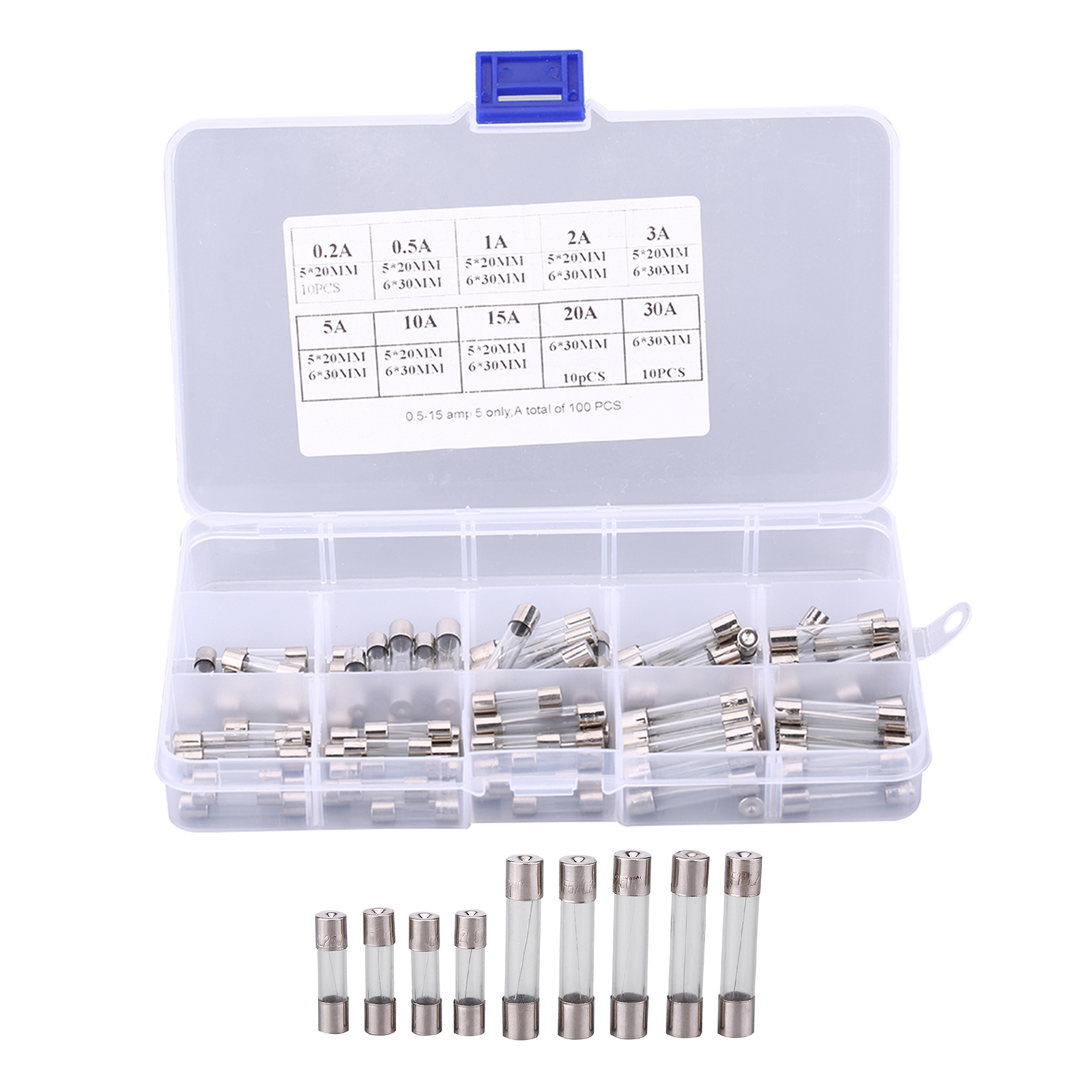 Packung Mit 100 Glassicherungen, 5x20 Mm Und 6x30 Mm, Für Autos, Verschiedene Stromstärken Von 0,2 A Bis 30 A, Gemischtes Kfz-set