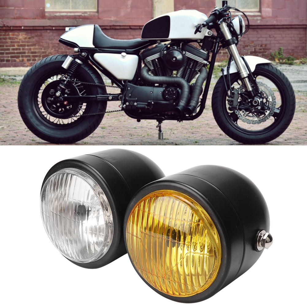 Universeller 8,5-zoll-doppelmotorradscheinwerfer Aus Eisen, Runde Doppellampe In Schwarz Und Weiß Mit Gelber Linse, Kompatibel Mit Custom Cafe Racer.