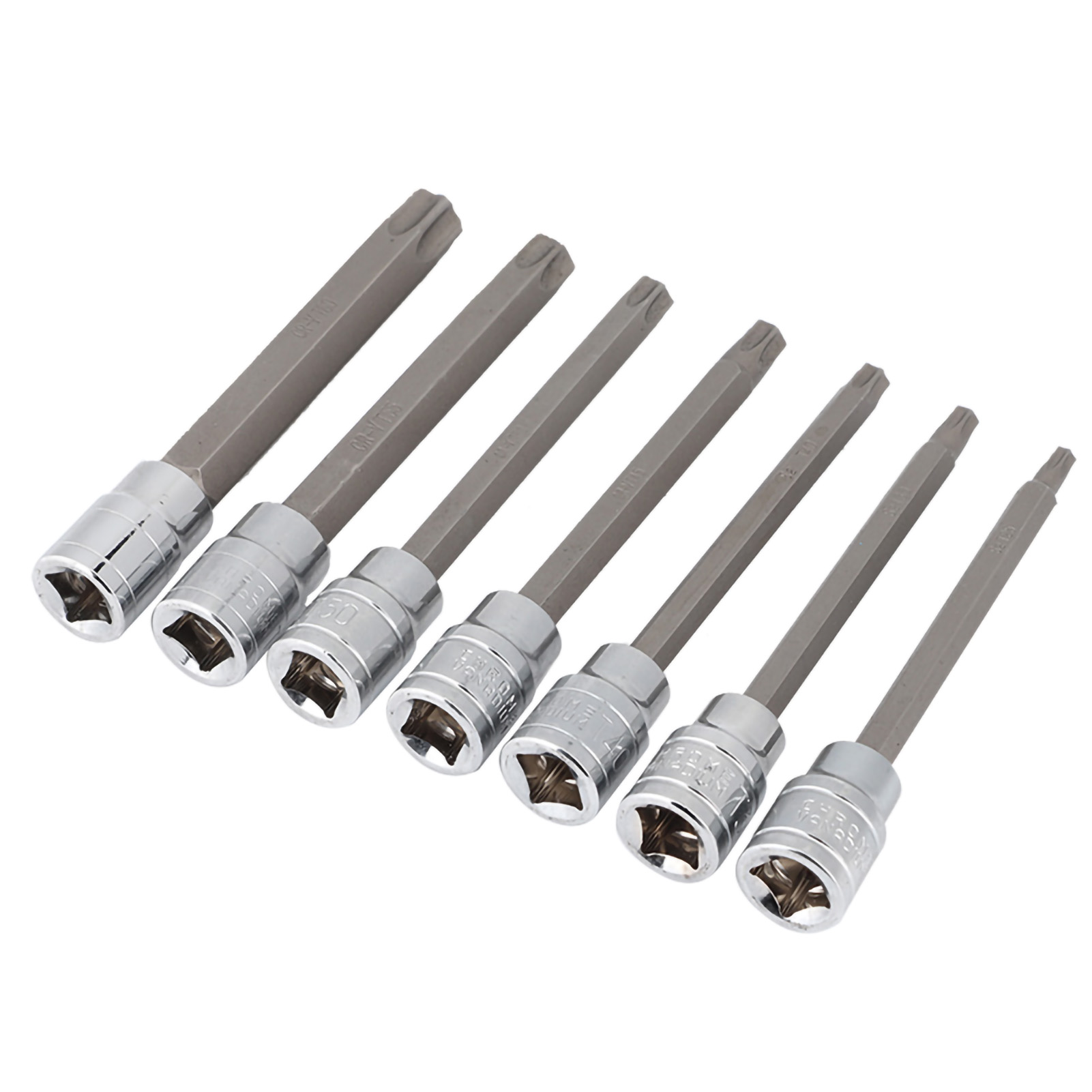 Satz Mit 7 Extra Langen Torx-stern-steckschlüsseln, 3/8-zoll-antrieb, Für Kreuzschlitzschrauben, Verchromter Stahlkoffer, Für Den Professionellen Einsatz.