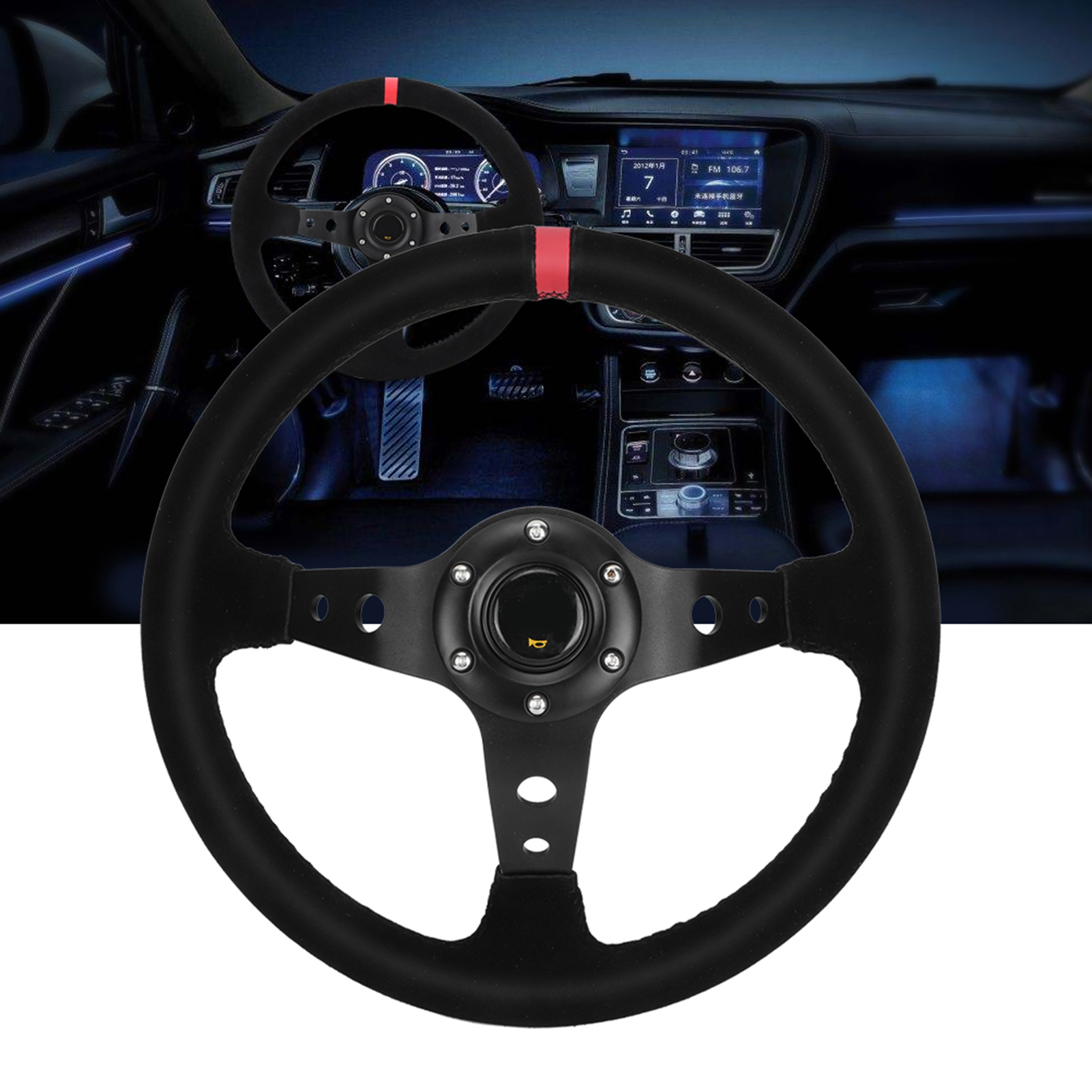 Universelles Rennlenkrad 35 Cm/14 Zoll, 6 Schrauben, Motorsport, Rotes Leder, Mit Integrierter Hupe, Interieur-tuning-zubehör.