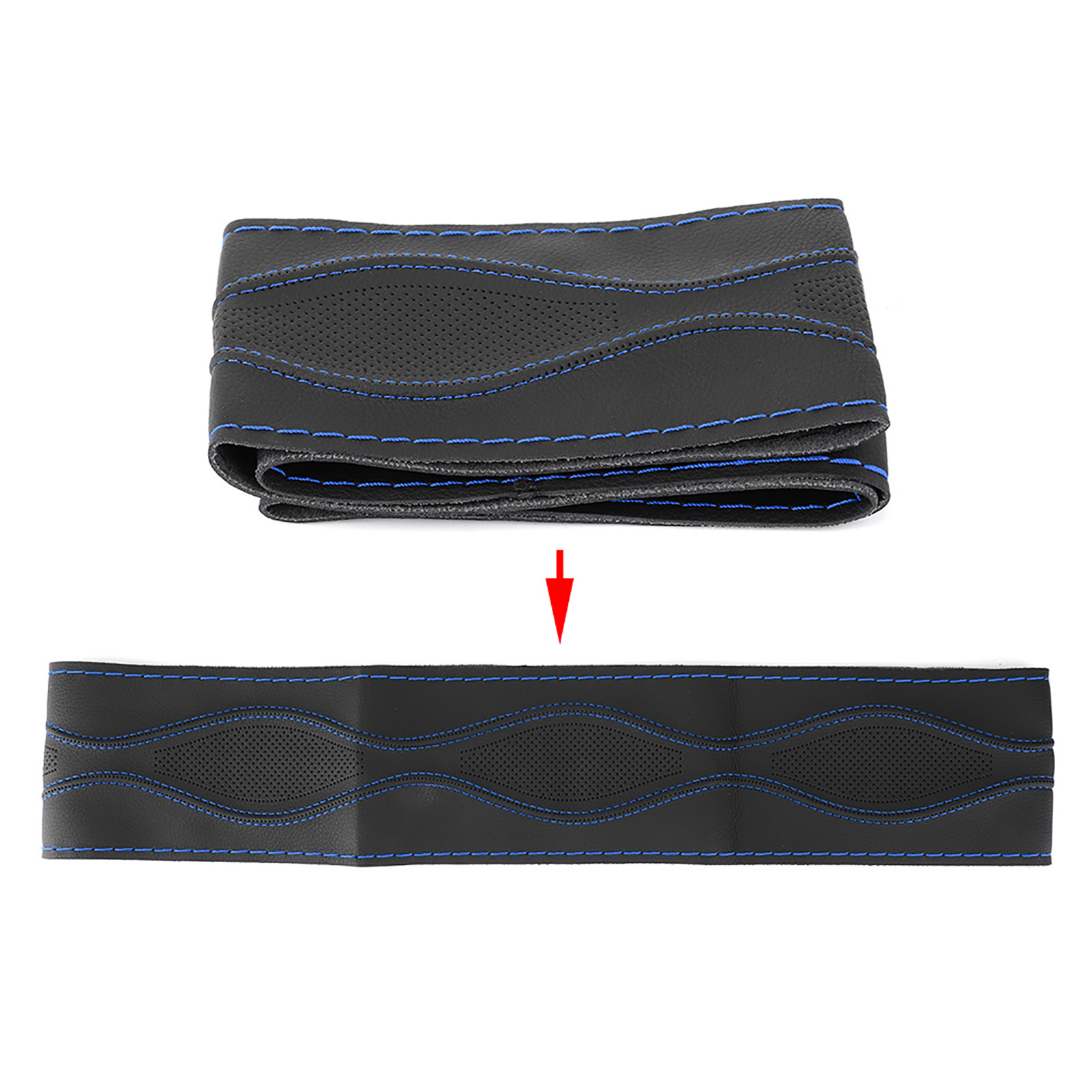 38 Cm/15 Zoll Lederlenkradbezug, Handgenäht Und Geprägt Mit Nadel Und Faden, Universal, Schwarz/blau