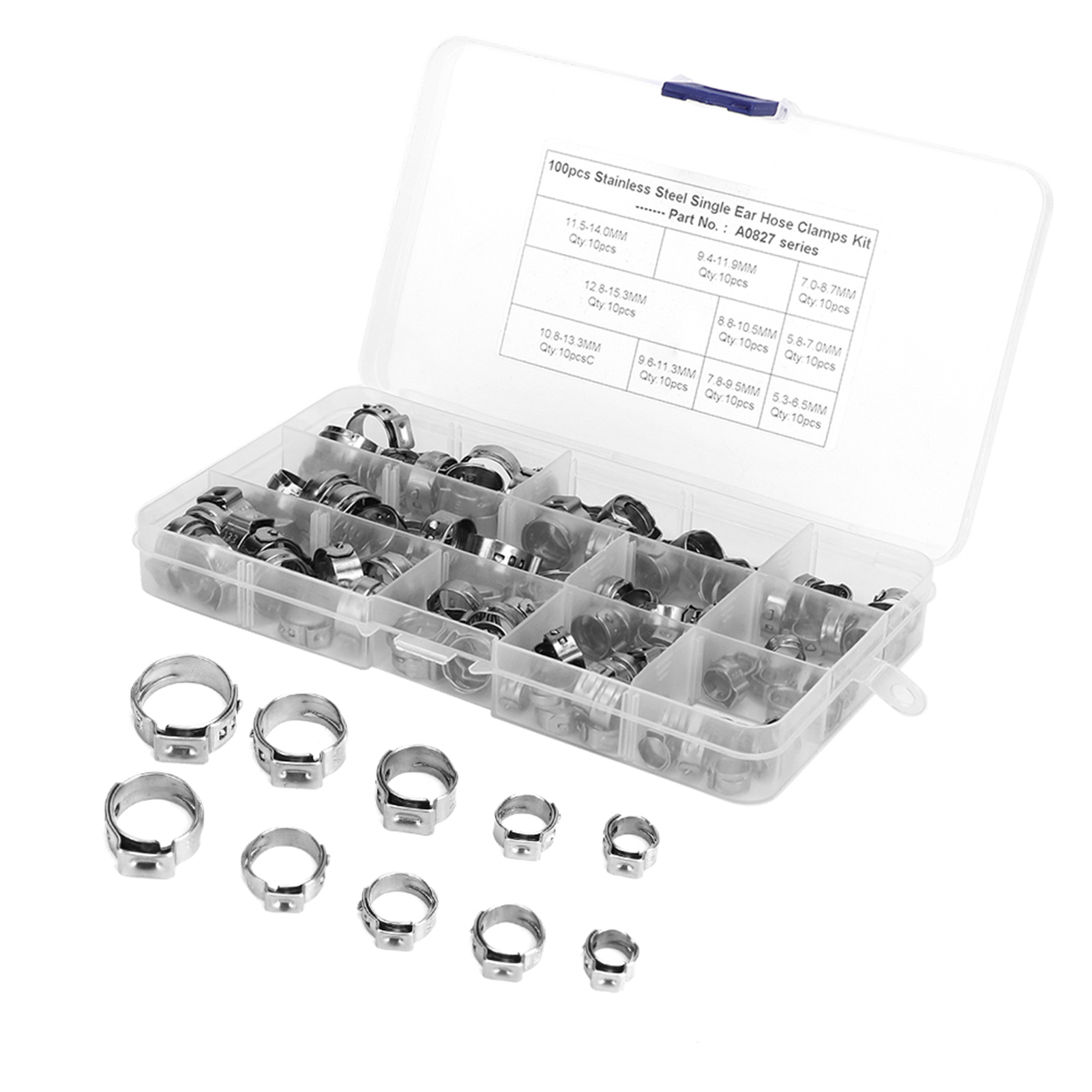 100 Edelstahl-schlauchschellen, Einohriger Flansch, Stufenloses Crimp-set