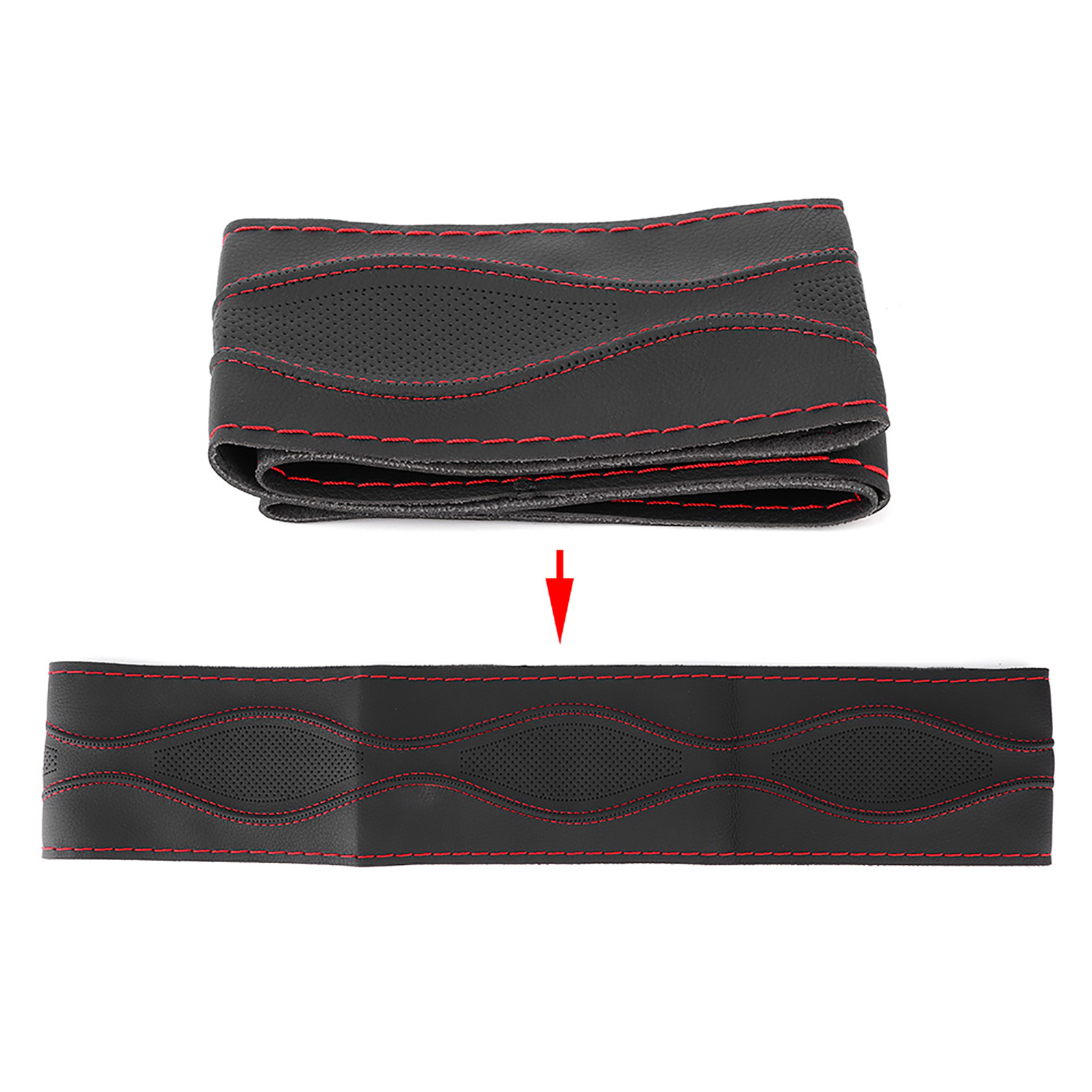 38 Cm/15 Zoll Lederlenkradbezug, Handgenäht Und Geprägt Mit Nadel Und Faden, Universell, Schwarz/rot