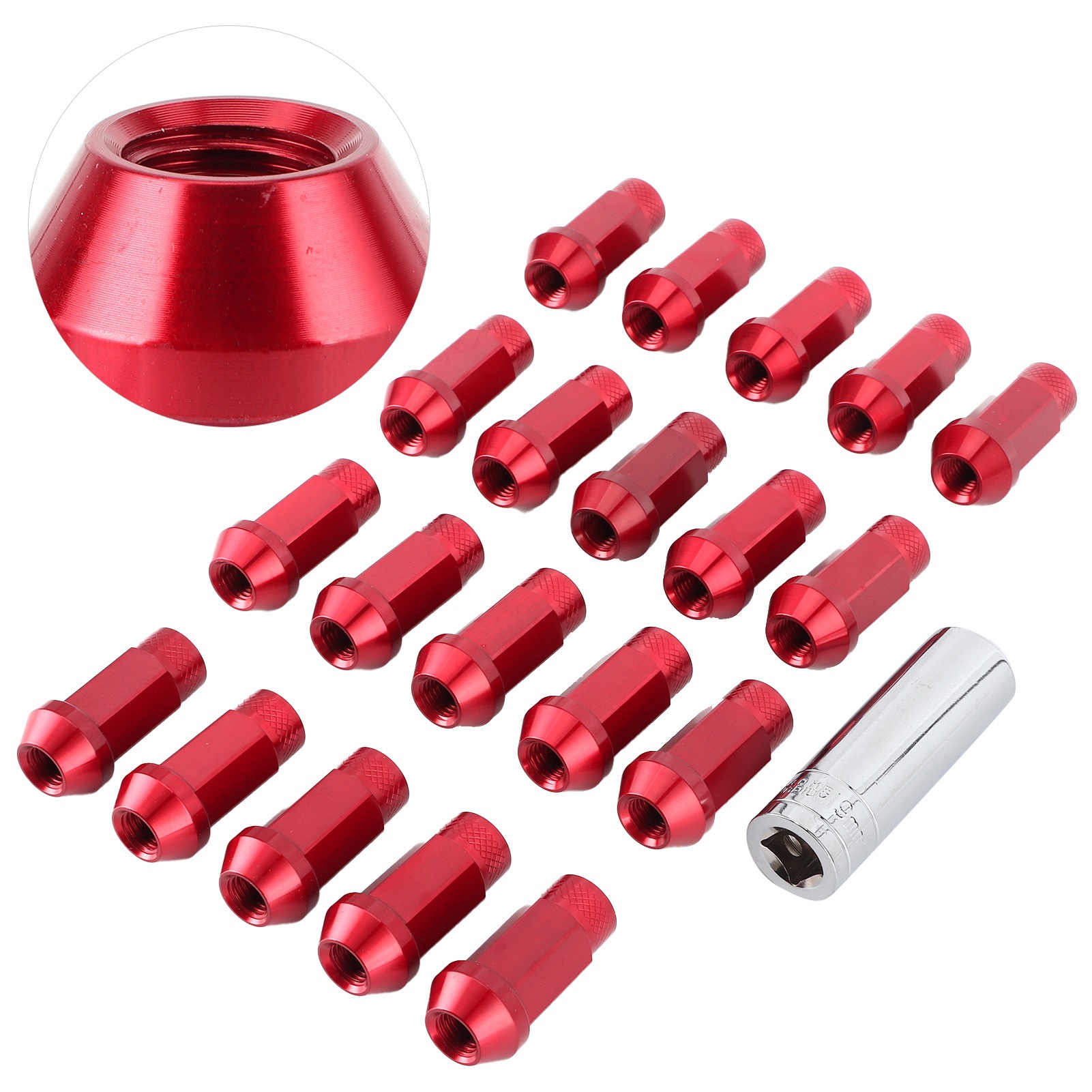 50 Mm M12x1,5 Rote Radmuttern Aus Aluminiumlegierung, Packung Mit 20 Stück Inklusive Montagehülse, Universalgewinde, Standardpassform Für Naben Und Felgen.