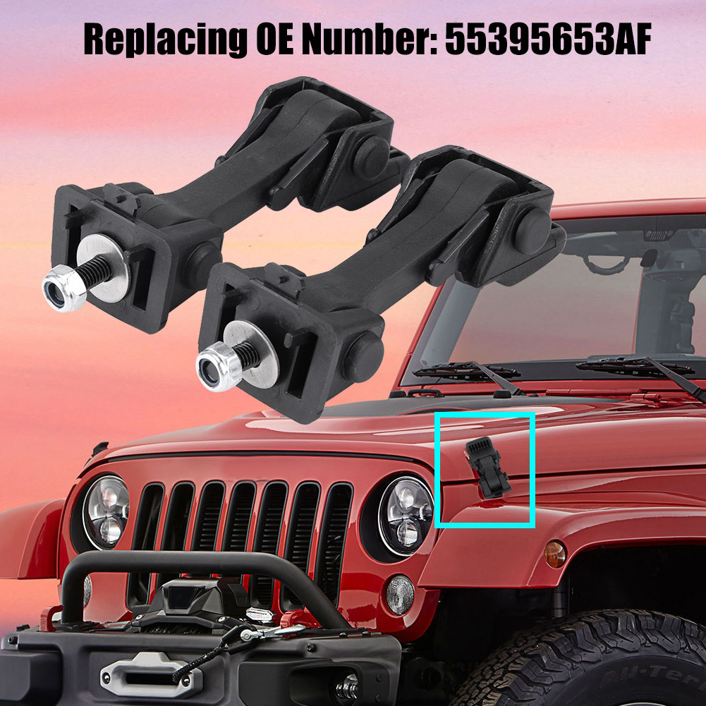 Satz Mit 2 Motorhaubenverschlüssen Mit Sicherheitsbügeln Für Jeep Wrangler Jk 2007-2016, Teilenummer 55395653af, Robuste Schwarze Befestigungselemente.