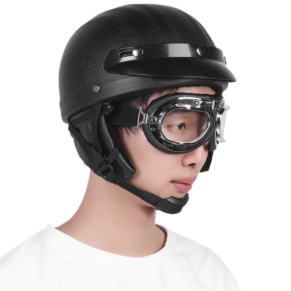 Unisex Motorradhelm Aus Pu-leder, Schwarz, Mit Schutzbrille, Einheitsgröße