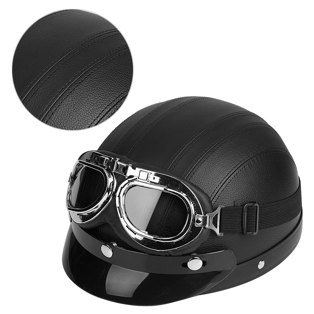 Universal-motorrad-/rollerhelm, Kunstleder, Offener Halbgesichtshelm, Mit Visier Und Schwarzer Uv-schutzbrille